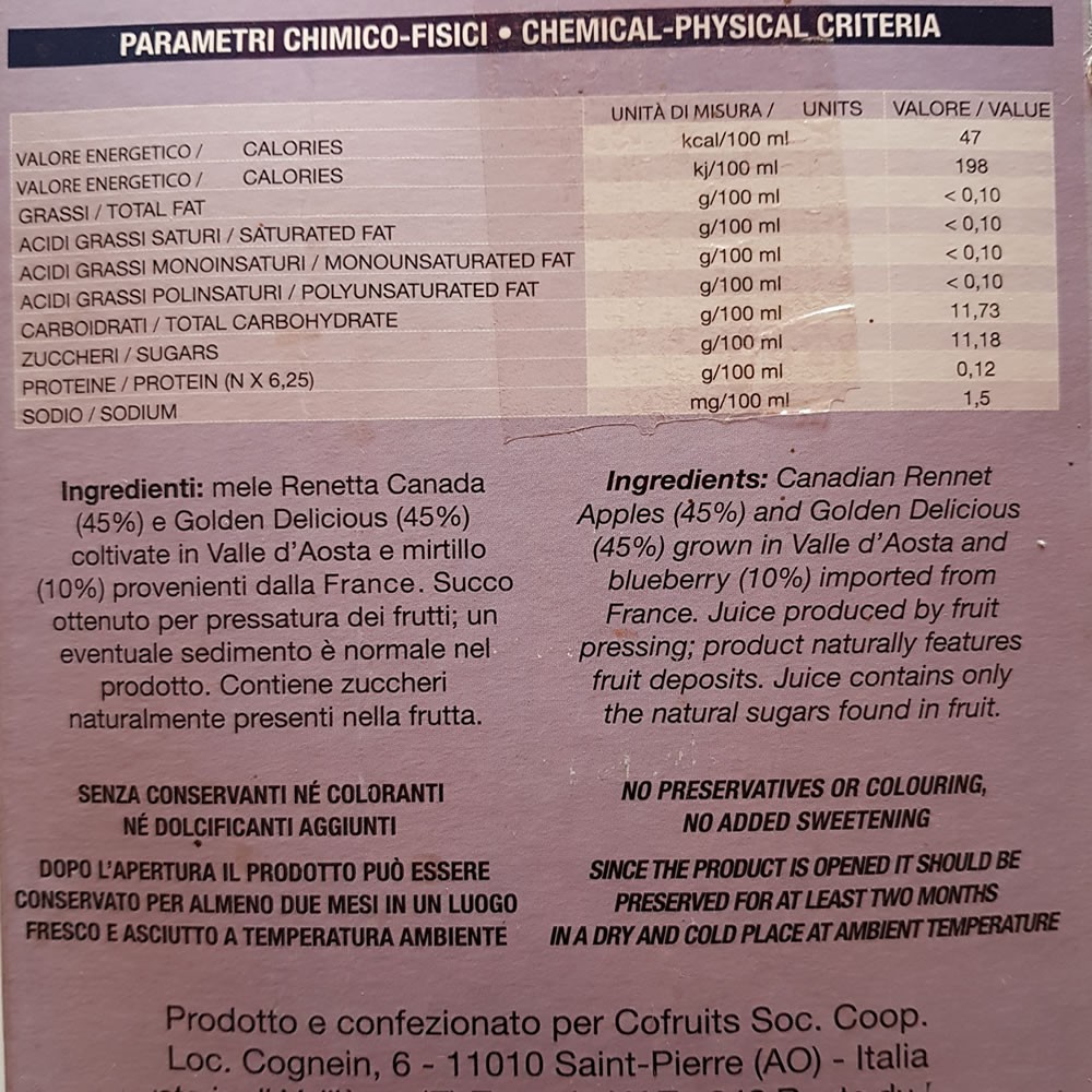 Succo di mela e mirtillo 100% naturale lt 5