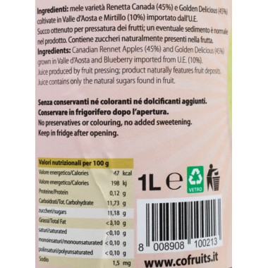 Succo di Mela e Mirtillo100% lt 1