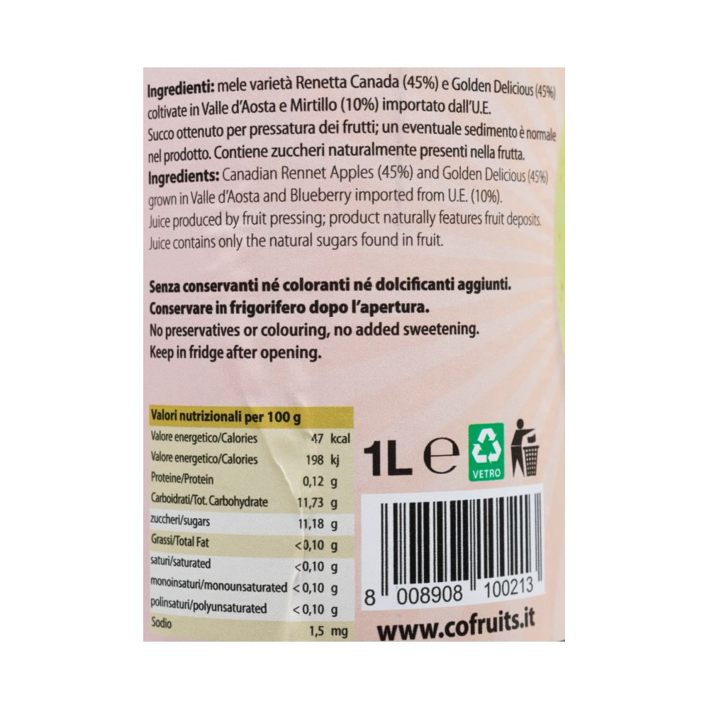 Succo di Mela e Mirtillo100% lt 1