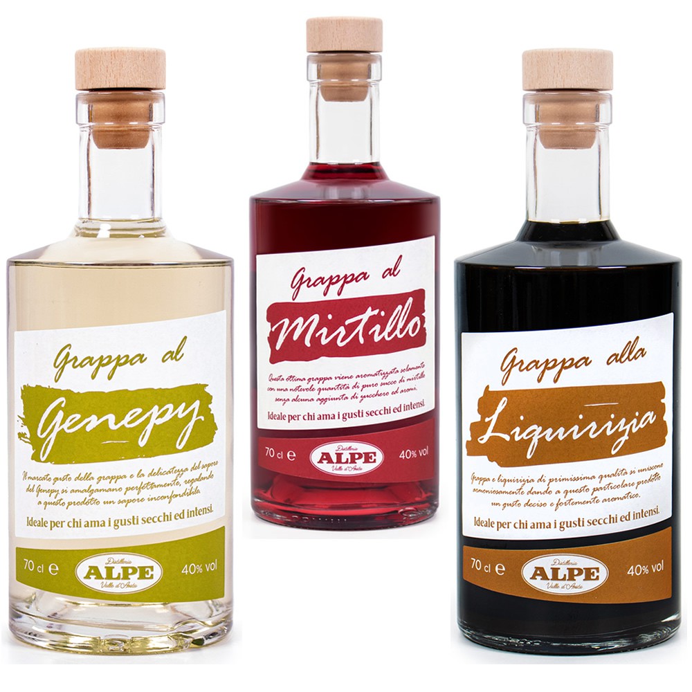 Tris di grappe aromatizzate Alpe 70cl