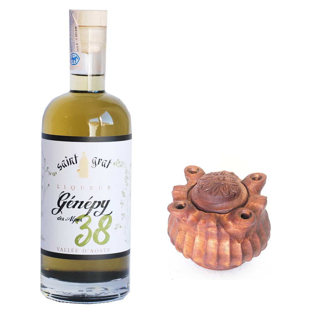 Genepy San Grat 38° - 70cl con coppa dell'amicizia 4 becchi mogano