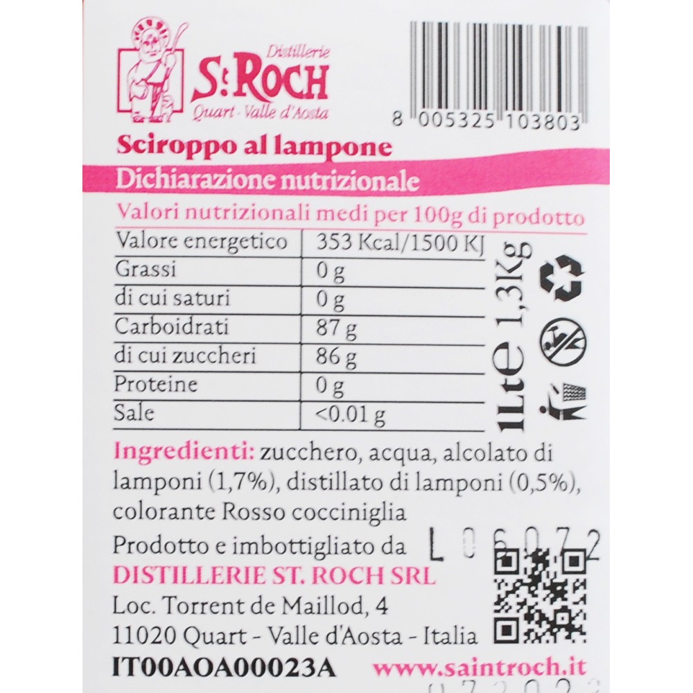 Sciroppo di lampone naturale della Valle d'Aosta 1 lt