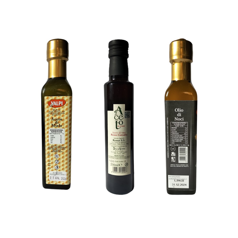 Tris aceto di miele + aceto di Cornalin + olio di noci (250 ml)