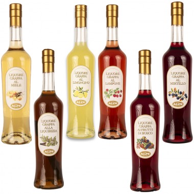 Liquori base grappa ai frutti della Valle d'Aosta - 6 bottiglie assortite da 50cl - 28% vol