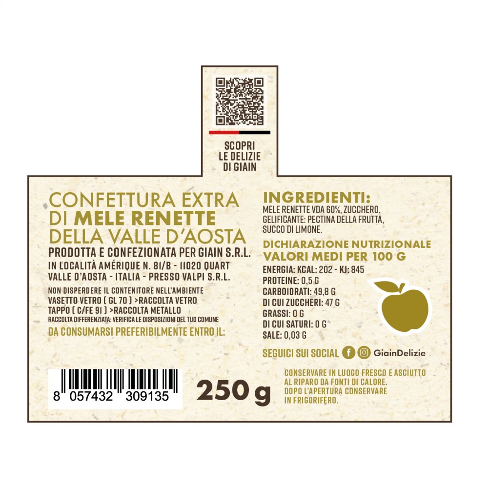 Confettura Extra di Mele Renette della Valle d’Aosta – 250 g